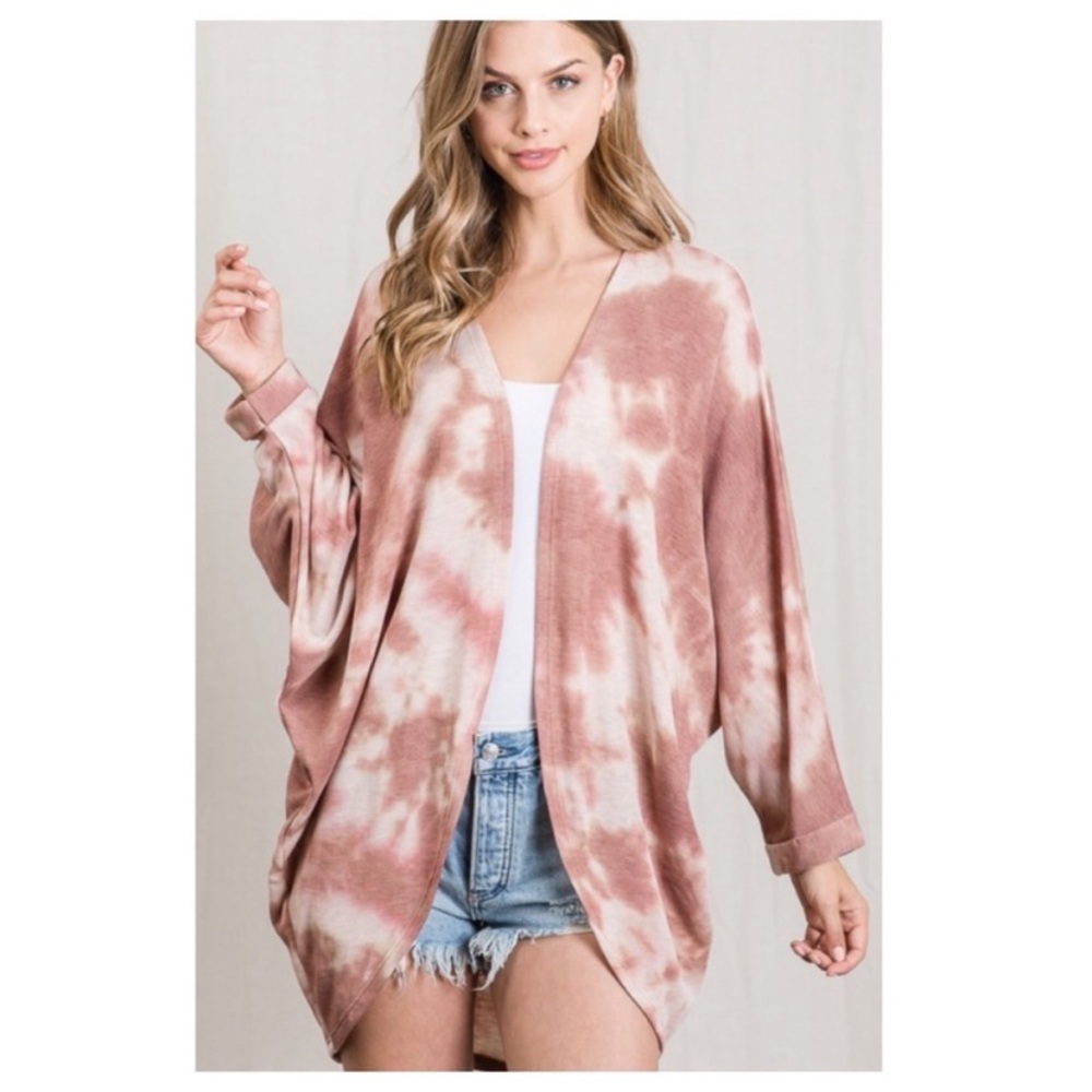 New Rust & Off White Tie Dye Print Open Cardigan,Dolman Sleeves,Super Soft